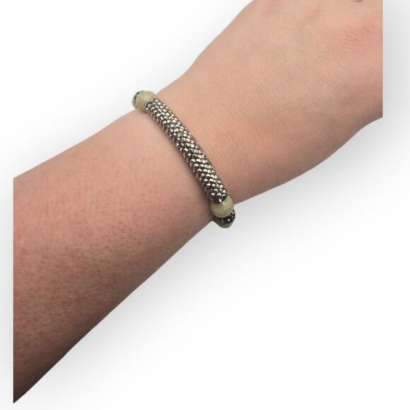 Erimish Earthtone Stone Beaded Stretch Bracelet with Crystal Pave Bar Accent - Picture 4 of 9